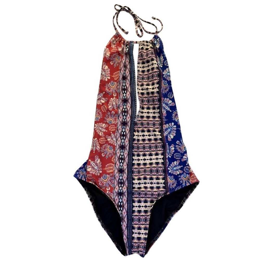Roxy Womens Mixed Print Halter One Piece Swimsuit Red Blue Boho M Beachwear